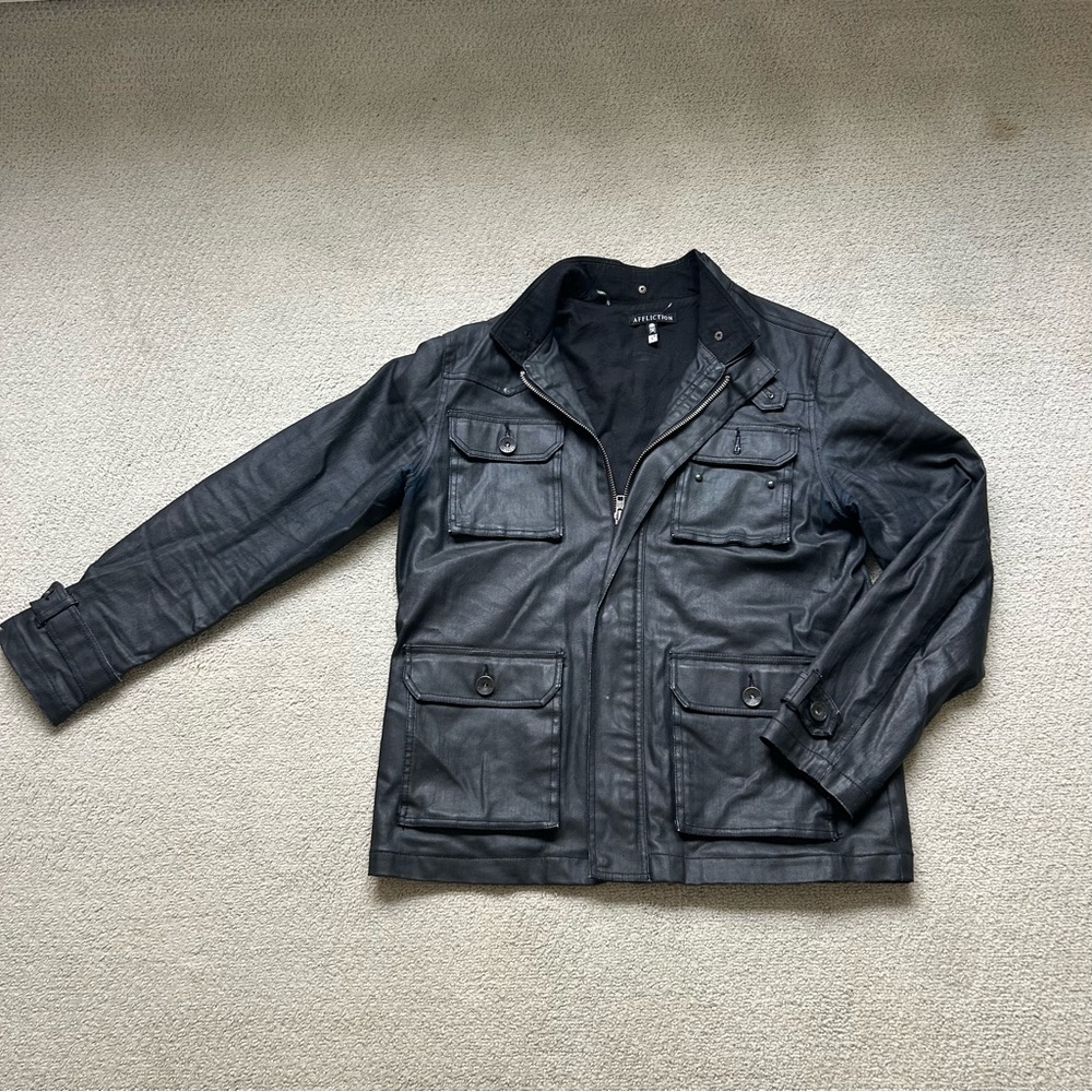 Affliction Mens Jacket Black Premium Large Moto Biker Full Zip Limited Edition